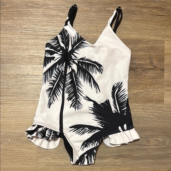 Black and White Tropical Palm Tree Kids Swim One Piece with Ruffle Legs - Picture 1 of 4
